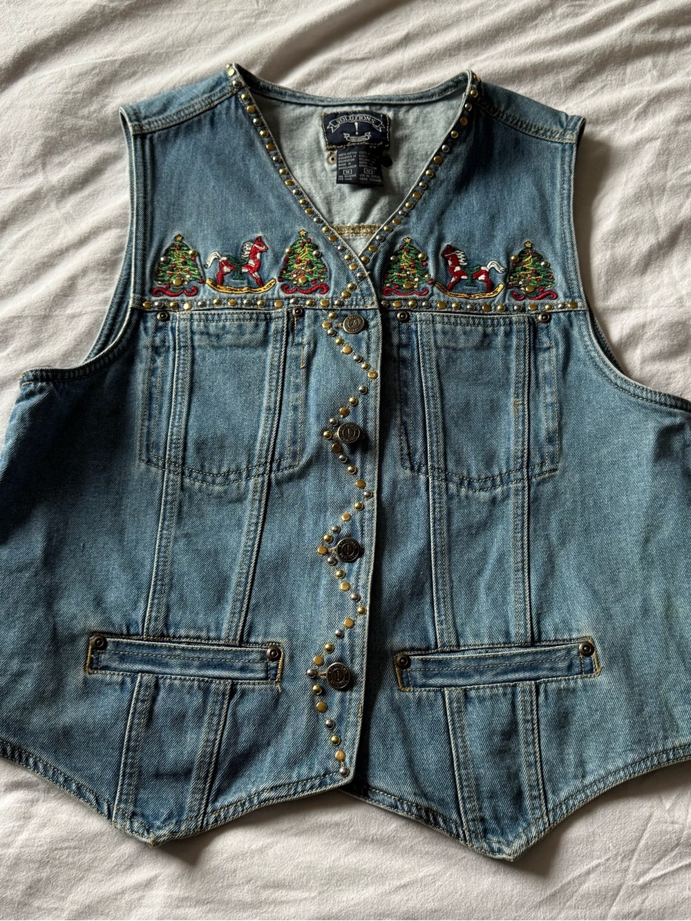 Vintage 90s Blue Denim Embellished Holiday Vest